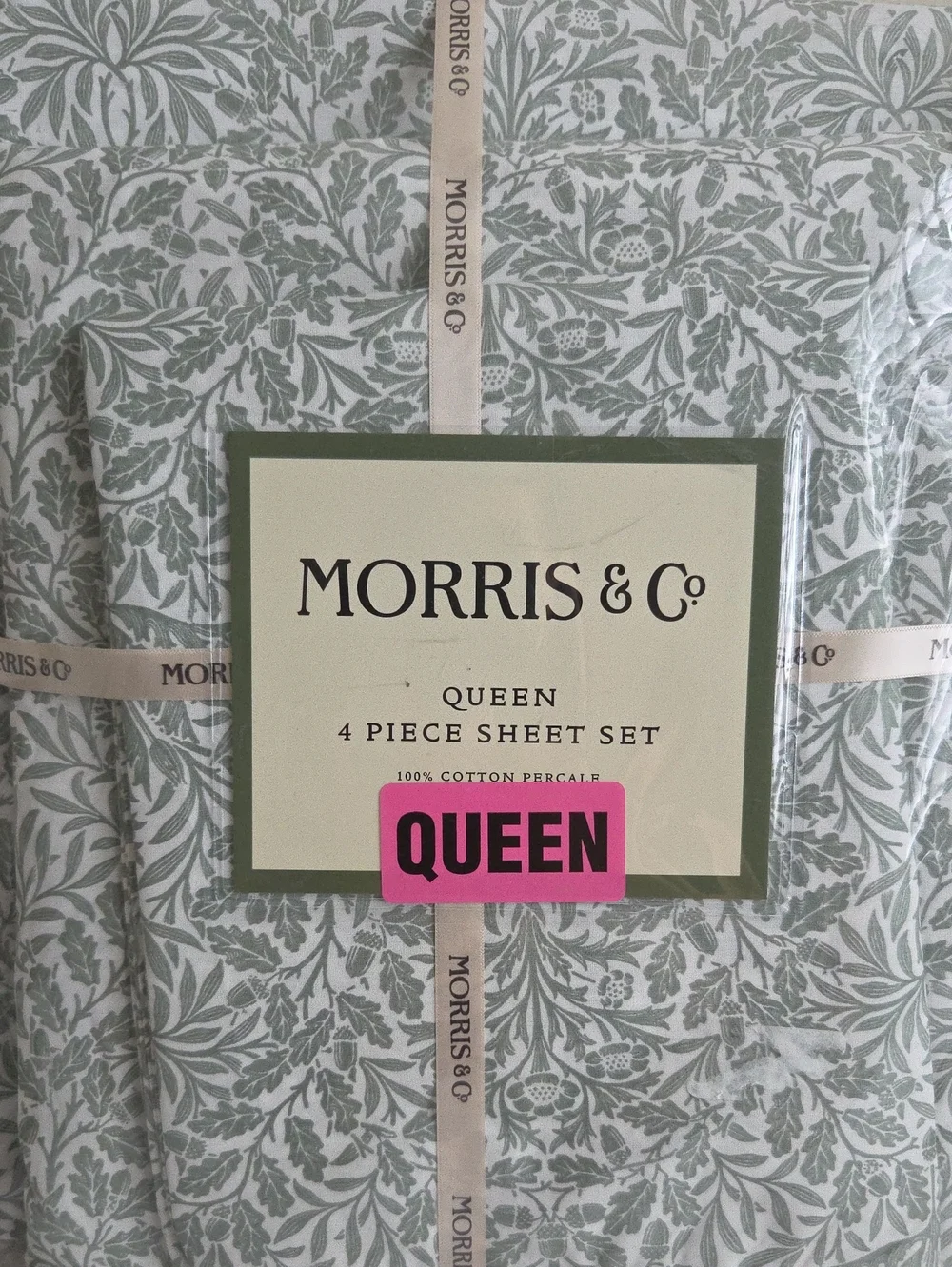 William Morris & Co QUEEN Sheet Set Acorn Leaf Green 100% Cotton Percale